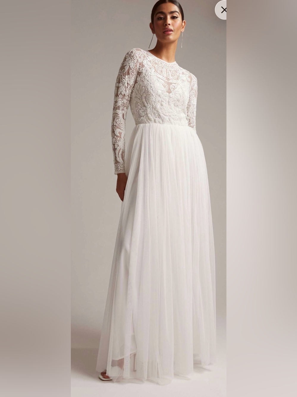 ASOS Bridal White Beaded Sequin Long Sleeve Tulle Maxi Wedding Dress US 16 NWT